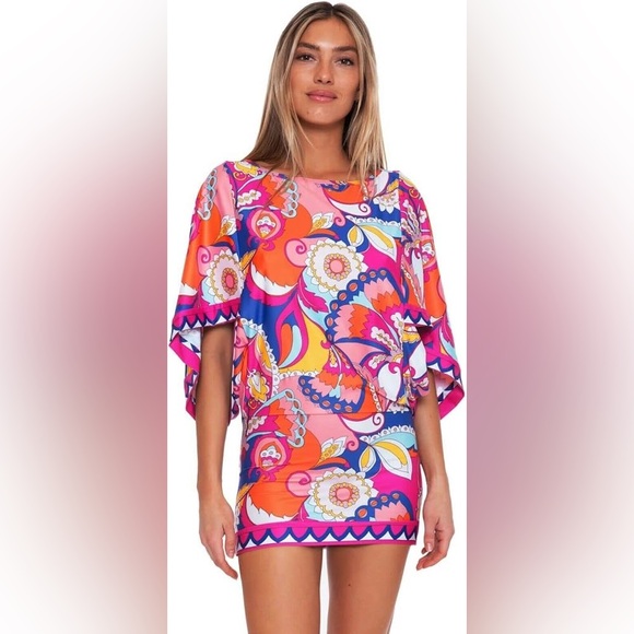 NWOT Trina Turke Sevilla Swim CoverUp Dress - Retro‎ 70s Bold Pink Orange - Picture 1 of 8